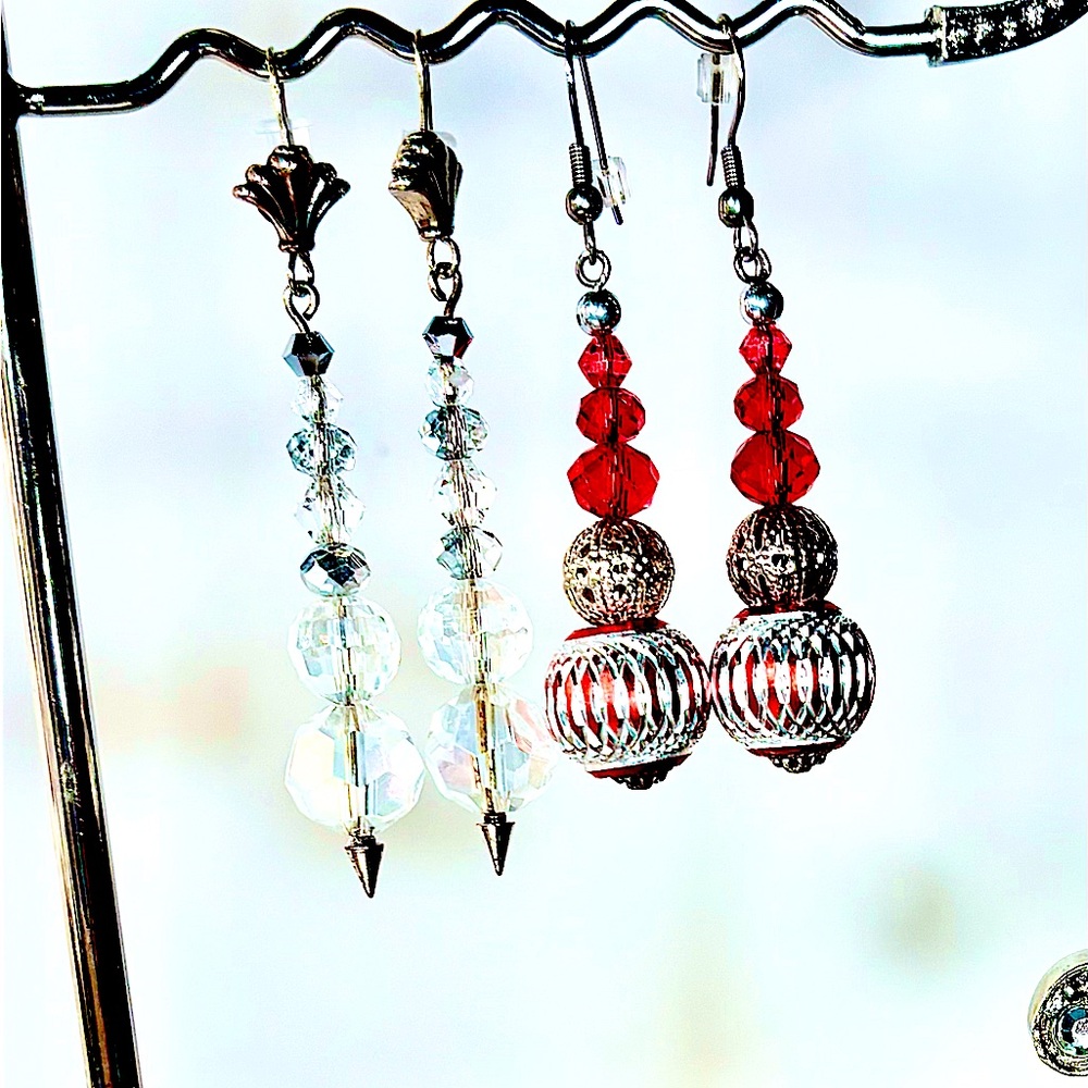 Handcrafted Earrings Pierced Unique Faceted Crystals & Red Crystals Silver